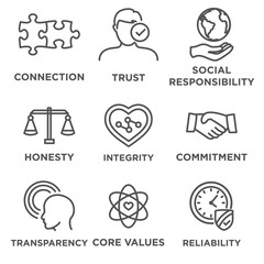 Business Ethics Icon Set with social responsibility, corporate core values, reliability, transparency, etc.