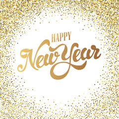 Happy New Year gold glitter lettering with frame from golden dots. Design element for greeting card, calendar, poster. Vector illustration.