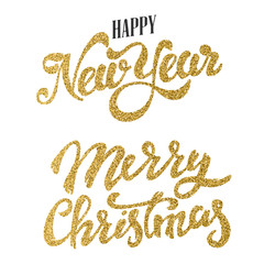 Happy New Year and Merry Christmas gold glitter lettering isolated on white background. Design element for greeting card, calendar, poster. Vector illustration.