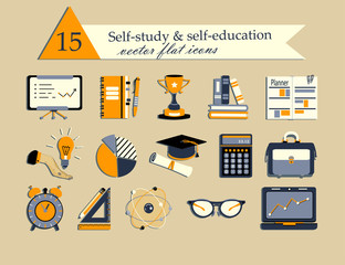 Self study and education themed icons set.