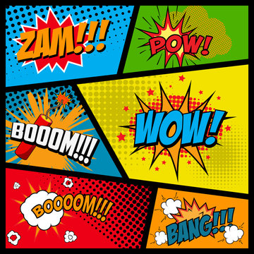 Comic style phrases in frames. Cartoon explosion. Zam. Pow. Bang. Boom. Wow. Vector illustration.