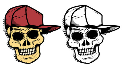 Skull in baseball hat with halftone effect. Design element for emblem, badge, sign, t-shirt print. Vector illustration.