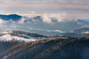 Winter morning landscape in mountain. View on snow-covered  hills and trees.