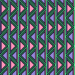 Seamless vector geometric pattern. Blue and pink background with triangles in the shape of zigzag. Series of Decorative and Ornamental Seamless Patterns.