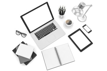 Responsive mockup screens. Laptop, tablet, phone on table. 3d rendering.