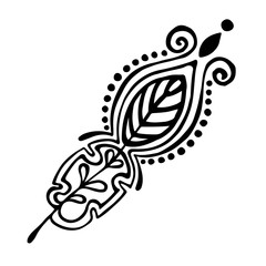 Vector hand drawn illustration, decorative ornamental stylized feather. Black and white graphic illustration isolated on the white background. Inc drawing silhouette.