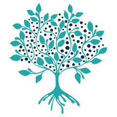 Vector hand drawn illustration, decorative ornamental stylized tree.  Blue graphic illustration isolated on the white background. Inc drawing silhouette. Decorative artistic ornamental wood