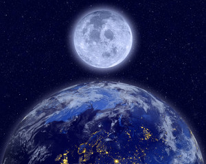 Planet earth and full moon on night sky. Elements of this image furnished by NASA. 3D rendering of planet Earth.