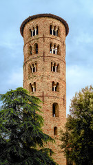 Fototapeta na wymiar The Romanesque Bell tower of the Sant'Apollinare's Basilica. Classe, Ravenna, Emilia-Romagna, Italy.