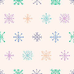Seamless vector pattern with snowflakes. Pink winter background with decorative hand drawn snow flakes. Graphic illustration. Series of winter seamless vector patterns.