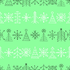 Seamless vector pattern with christmas tree and snowflakes. Green winter background with decorative hand drawn fir tree. Graphic illustration. Series of winter seamless vector patterns.