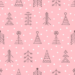 Seamless vector pattern with christmas tree and snowflakes. Pink winter background with decorative hand drawn fir tree. Graphic illustration. Series of winter seamless vector patterns.