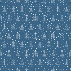 Seamless vector pattern with christmas tree and snowflakes. Blue winter background with decorative hand drawn fir tree. Graphic illustration. Series of winter seamless vector patterns.