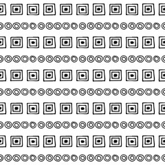 Seamless vector pattern. Black and white geometrical background with hand drawn little decorative elements, squares, circles. Print with ethnic, folk, traditional motifs. Graphic vector illustration.