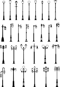 Set of different types of black silhouettes street lamps isolated on white background in flat style. Vector illustration.