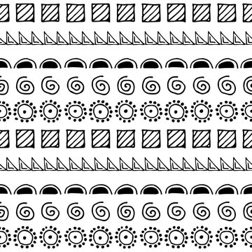 Seamless vector pattern. Black and white geometrical background with hand drawn little decorative elements. Print with ethnic, folk, traditional motifs. Graphic vector illustration.