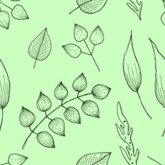 Vector floral seamless pattern. Green background with different leaves. Hand drawn contour lines and strokes. Graphic vector illustration