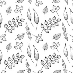 Vector floral seamless pattern. Black and white background with different leaves. Hand drawn contour lines and strokes. Graphic vector illustration