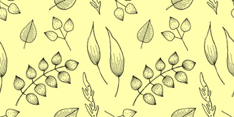 Vector floral seamless pattern. Yellow background with different leaves. Hand drawn contour lines and strokes. Graphic vector illustration