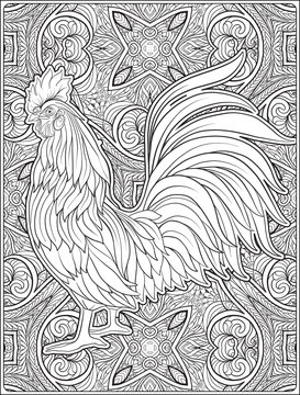 Rooster. 2017 Happy New Year. Adult coloring page.