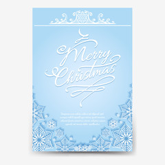 Christmas poster design with snowflakes divider and lettering Merry Christmas. Winter flyer template vector illustration
