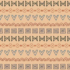 Seamless vector pattern. Brown geometrical background with hand drawn little decorative elements. Print with ethnic, folk, traditional motifs. Graphic vector illustration.