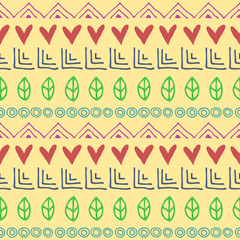 Seamless vector pattern. Yellow geometrical background with hand drawn little decorative elements. Print with ethnic, folk, traditional motifs. Graphic vector illustration.