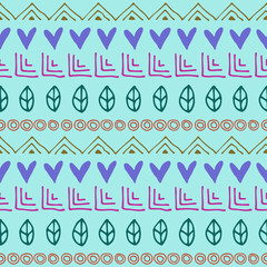 Seamless vector pattern. Blue geometrical background with hand drawn little decorative elements. Print with ethnic, folk, traditional motifs. Graphic vector illustration.