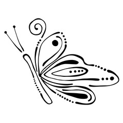 Vector black and white  illustration of insect. Butterfly isolated on the white background. Hand drawn contour lines and strokes. Decorative logo, icon, sign, tattoo. Graphic vector illustration.
