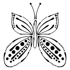 Vector black and white  illustration of insect. Butterfly isolated on the white background. Hand drawn contour lines and strokes. Decorative logo, icon, sign, tattoo. Graphic vector illustration.