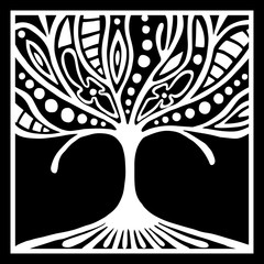 Vector hand drawn illustration, decorative ornamental stylized tree. Black and white graphic illustration isolated on the white background. Inc drawing silhouette. Decorative artistic ornamental wood