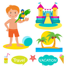 Boy, Parrot, Bouncy Castle And Palms. Set Vacation, Tourism Icons And Balloons With Text: Vacation, Travel. Cartoon Illustrations On A White Background. Bouncy Castle Rental.