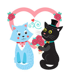 Two Cute Vector Cats. Card Design Elements With Cute Cats. Wedding Invitation Card. Cartoon Bride And Groom Vector Cats. Cute Romantic Background.