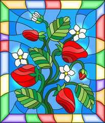 Illustration in stained glass style with flowers, berries and leaves of strawberry in a bright frame