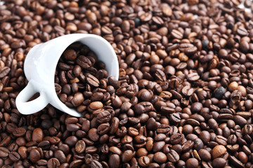 Brown roasted coffee beans in white cup