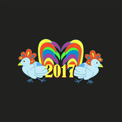 Two beautiful rooster - a symbol of 2017. New Year card. Happy N