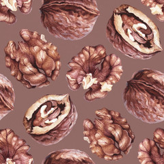 Seamless pattern with watercolor illustrations of walnuts
