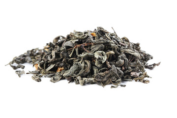 Heap of dry tea on white background