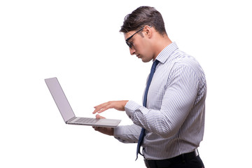 Handsome businessman working with laptop computer isolated on wh
