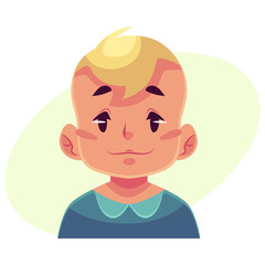Little boy face, neutral facial expression, cartoon vector illustrations isolated on yellow background. Blond male kid emoji face feeling glad, serene, relaxed, delighted. Neutral face expression
