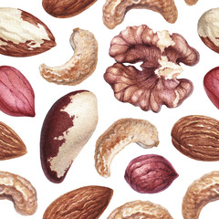 Seamless pattern with watercolor illustrations of nuts