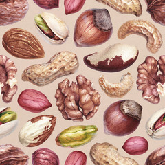 Seamless pattern with watercolor illustrations of nuts