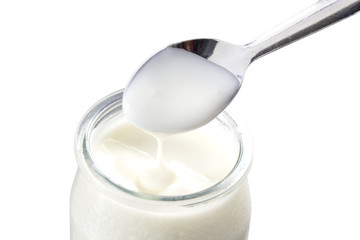 yogurt with spoon isolated on white background