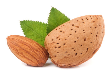 almonds with leaf isolated on white background