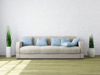 Modern Minimalist interior of a Living Room with home Furniture for your Mood and Design. Livingroom with Comfortable and Cozy, Sofa and a Plant near a Brick Wall. 3d Rendering Illustration.