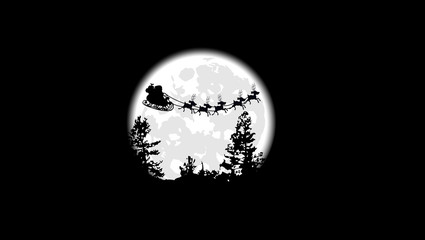 Santa Claus is flying on a background of the full moon and trees