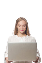 Obraz premium Businesswoman with laptop in business concept