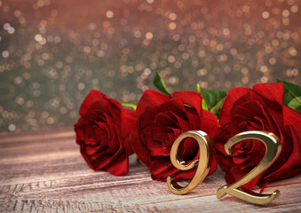 birthday concept with red roses on wooden desk. ninety-second. 92nd. 3D render
