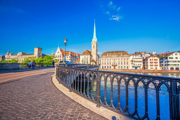 Historic Zürich city center with famous Fraumünster Church, Limmat river and Zürich lake,...