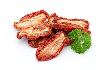 Dried tomatoes isolated on white background.